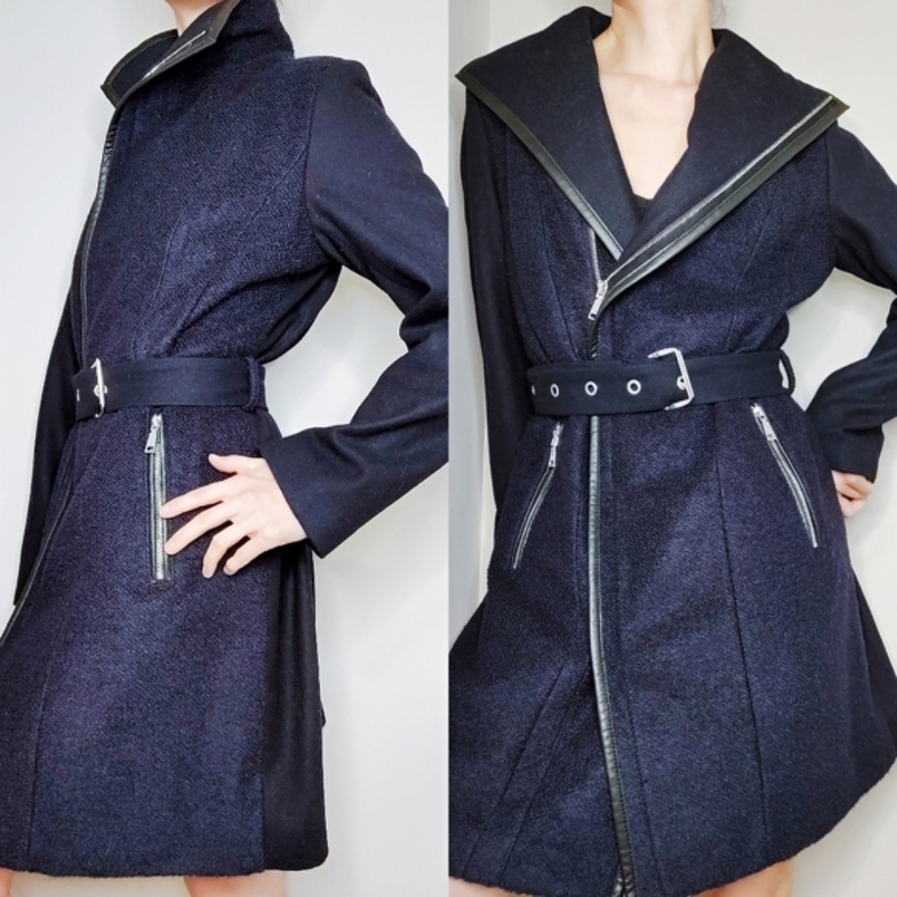 Tahari Stylish Navy & Black Belted Wool Blend Coat with Zipper Details